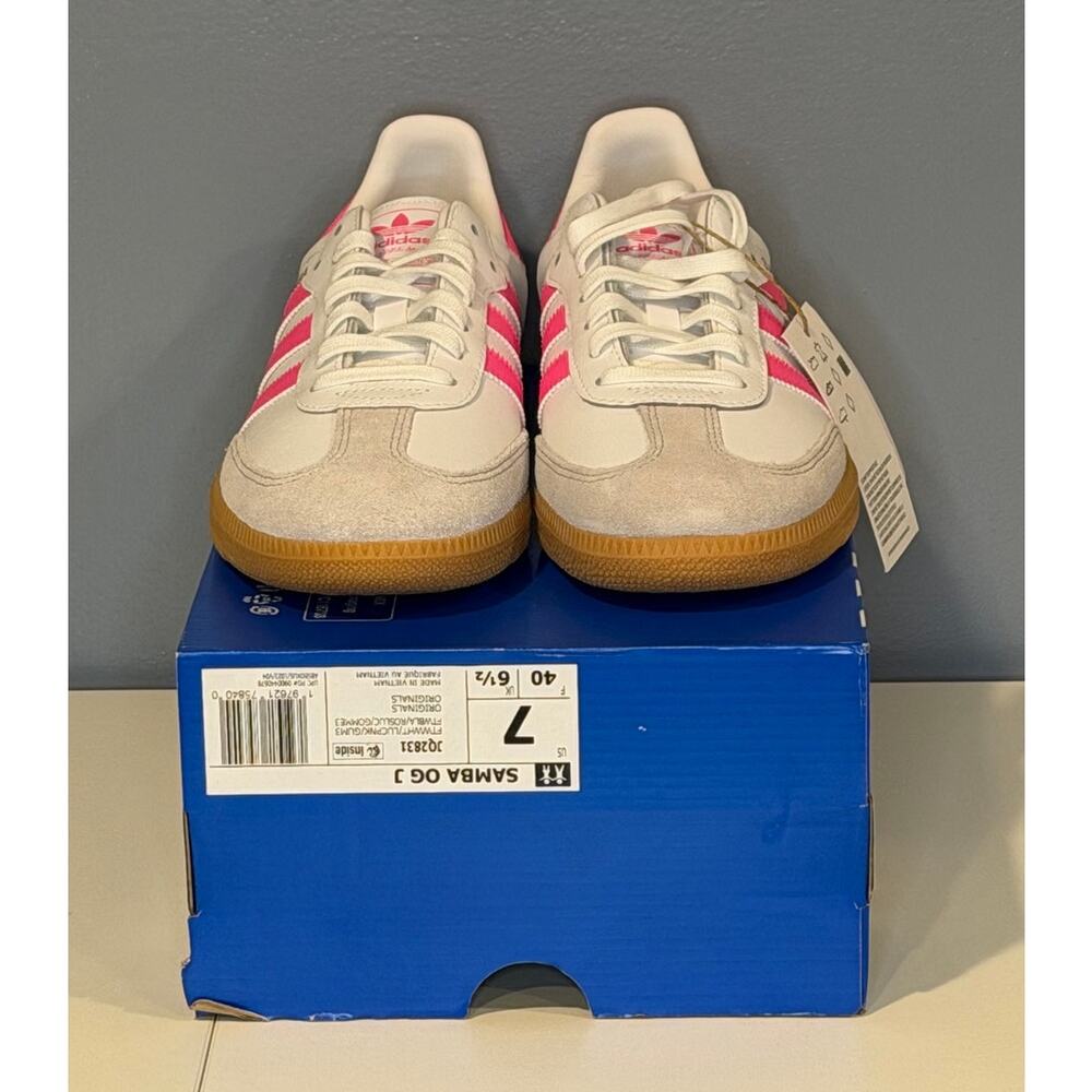 NIB Adidas Samba Junior White/Hot Pink - Girl's Size 7 - Picture 8 of 9